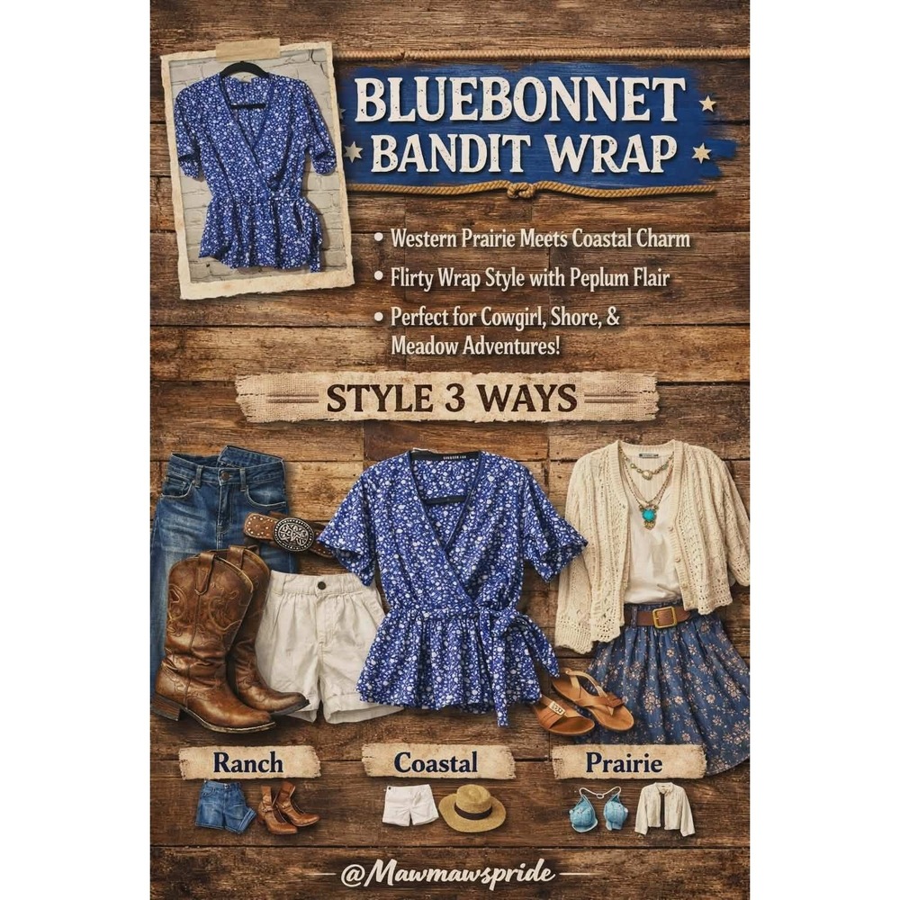 BLUEBONNET BANDIT WRAP TOP WESTERN PRAIRIE COASTAL COWGIRL Sienna Sky XS
